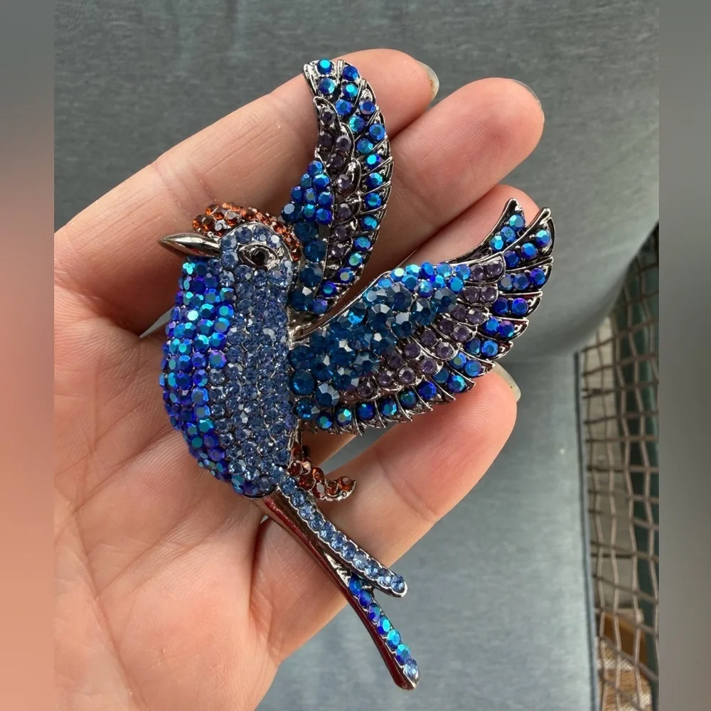 Exquisite Blue Crystal Bird Brooch